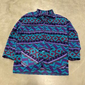 Vintage Pasta Geometric Aztec Fleece Jacket Mens Small Teal Purple Button Up